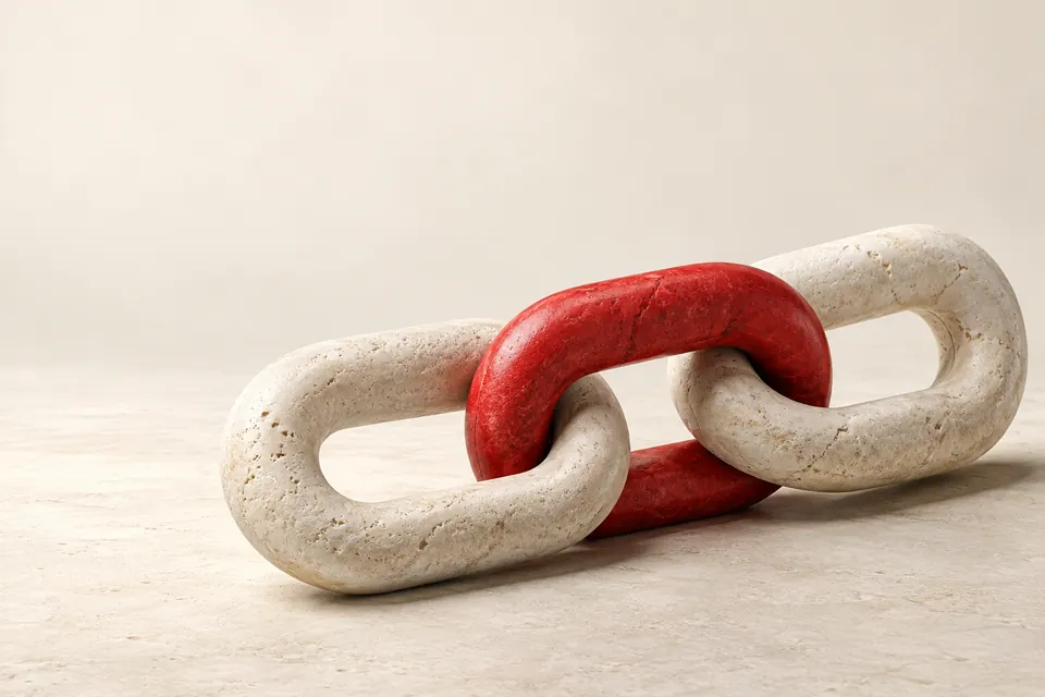 Three stone chain links with a red link in the middle