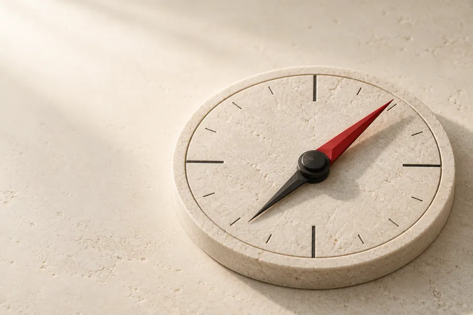A stone compass with a red needle